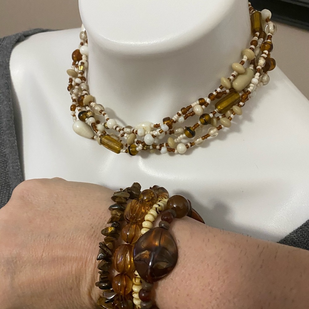 Bohemian bead & shell stacked necklace & bracelets